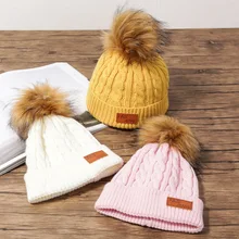 Детские вязаные хлопковые шапки на осень и зиму, теплая и удобная Лыжная однотонная шляпа, модные Универсальные шапки с помпонами для мальчиков и девочек