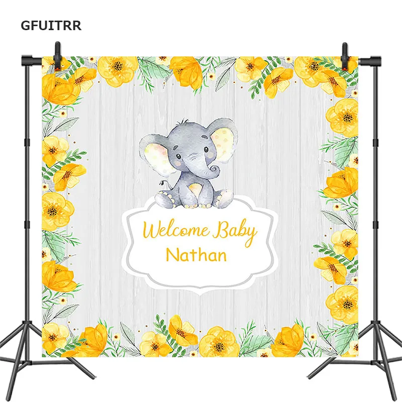 GFUITRR Welcome Baby Photography Backdrop Shower Yellow Flowers Elephant Wood Photo Booth Background Vinyl Props | Электроника