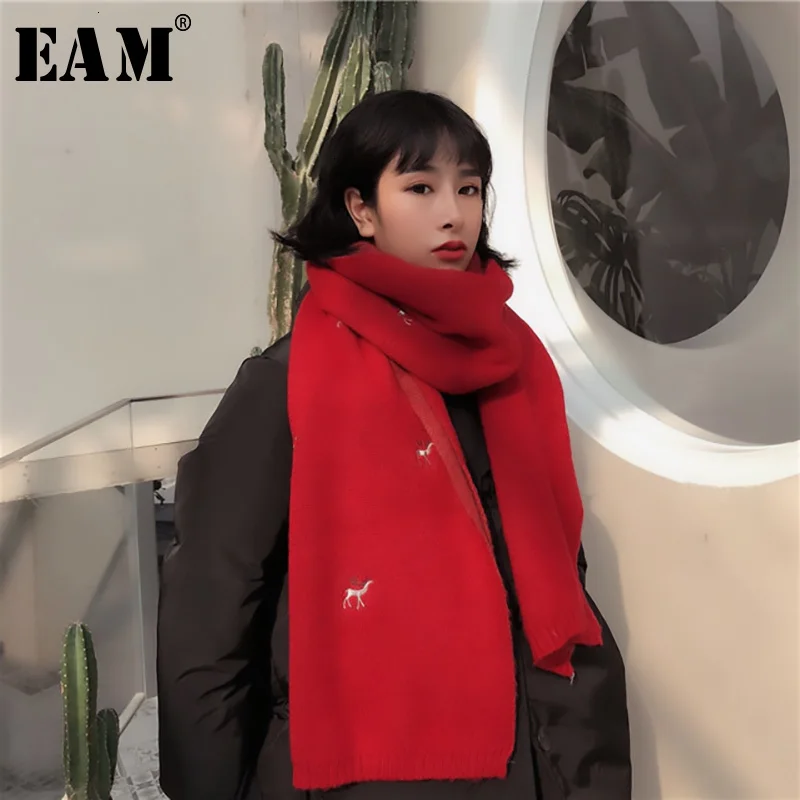 [EAM] Women Multicolor Long Red Pattern Knitting Keep Warm Scarf New Long Personality Fashion Tide Autumn Winter 1H288