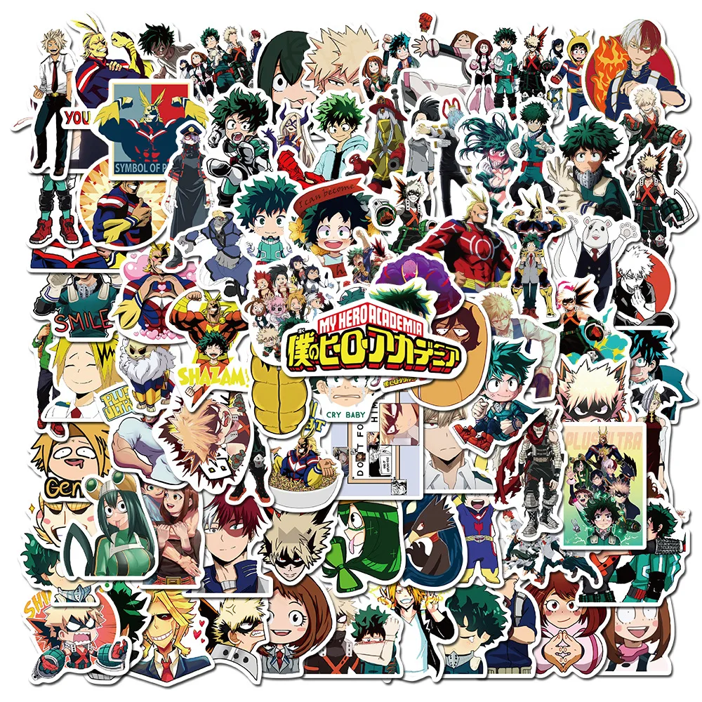 10 50 100pcs my hero academia japan anime stickers for laptop skateboard izuku midoriya might boku no hero academia character sticker aliexpress
