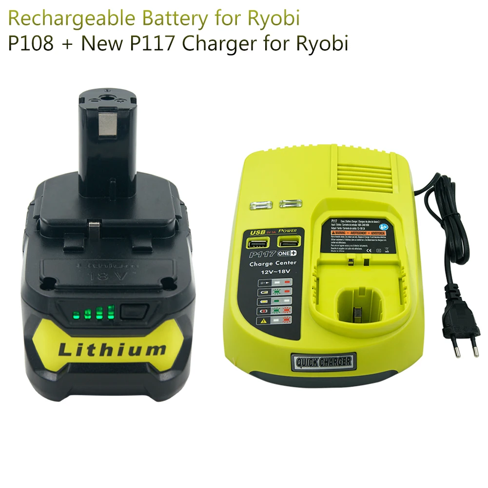 18 в 5000 мА/ч, RB18L50 литий Перезаряжаемые Батарея для Ryobi P104 P105 P102 P103 P107 P109 P108+ P117 Зарядное устройство для Ryobi 9,6 в-18 в