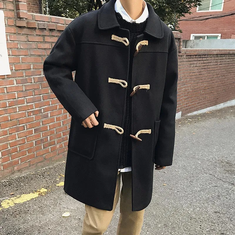 Тонкий мужской пальто с воротником черный корейский вещевой мужской шерстяной смесь пальто кнопки мужские длинные пальто - Цвет: Черный