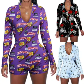 

Sexy Women V-neck Animal Print Bodycon Sleepwear Jumpsuit Button Bodysuit Leotard Crop Tops Button Short Romper Pajamas Overalls