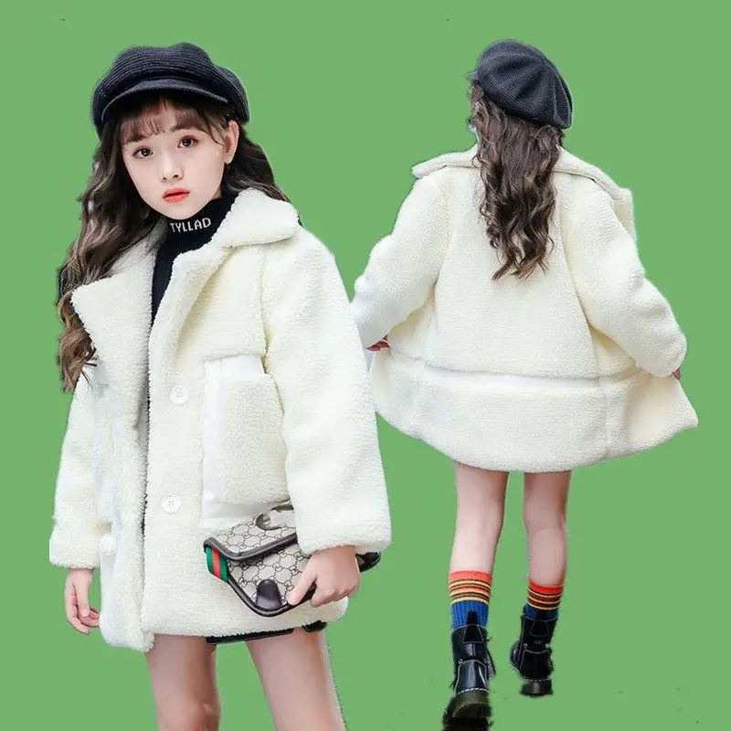 

2019 Autumn Winter New Children Girls Warm Thick Fur Outerwears Kids Girls Faux Sheep Shearing Overcoats Jackets Clothing N79