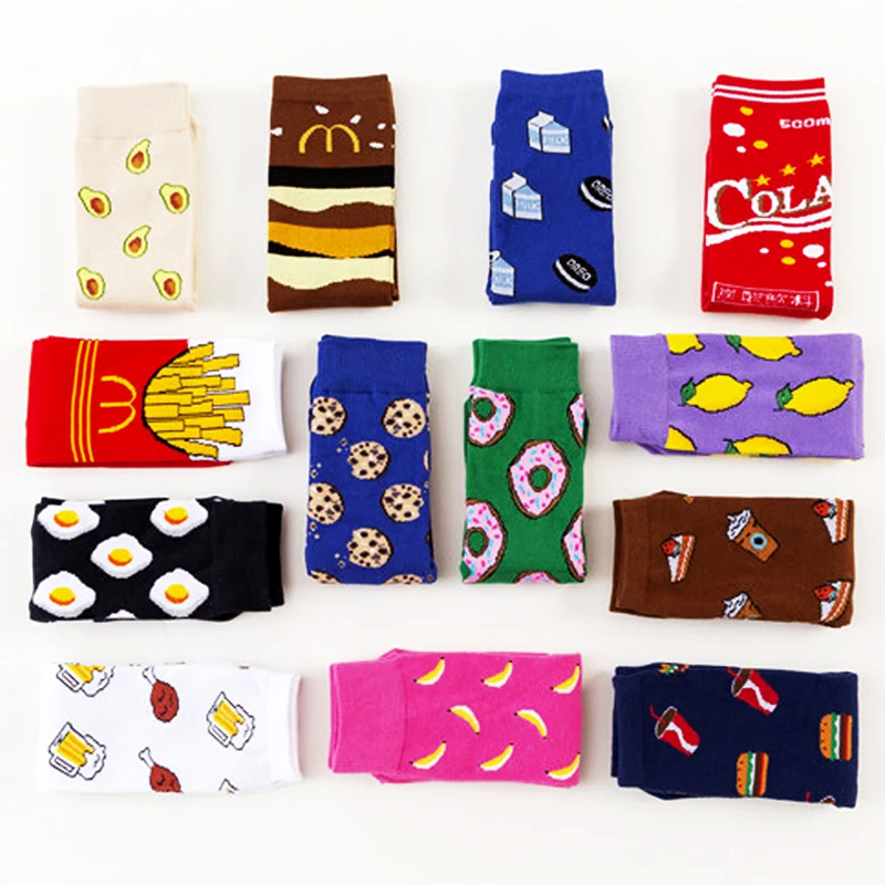 Beer Women Socks Funny Cute Cartoon Fruits Banana Avocado Lemon Egg Cookie Donuts Food Happy Japanese Harajuku skateboard Socks