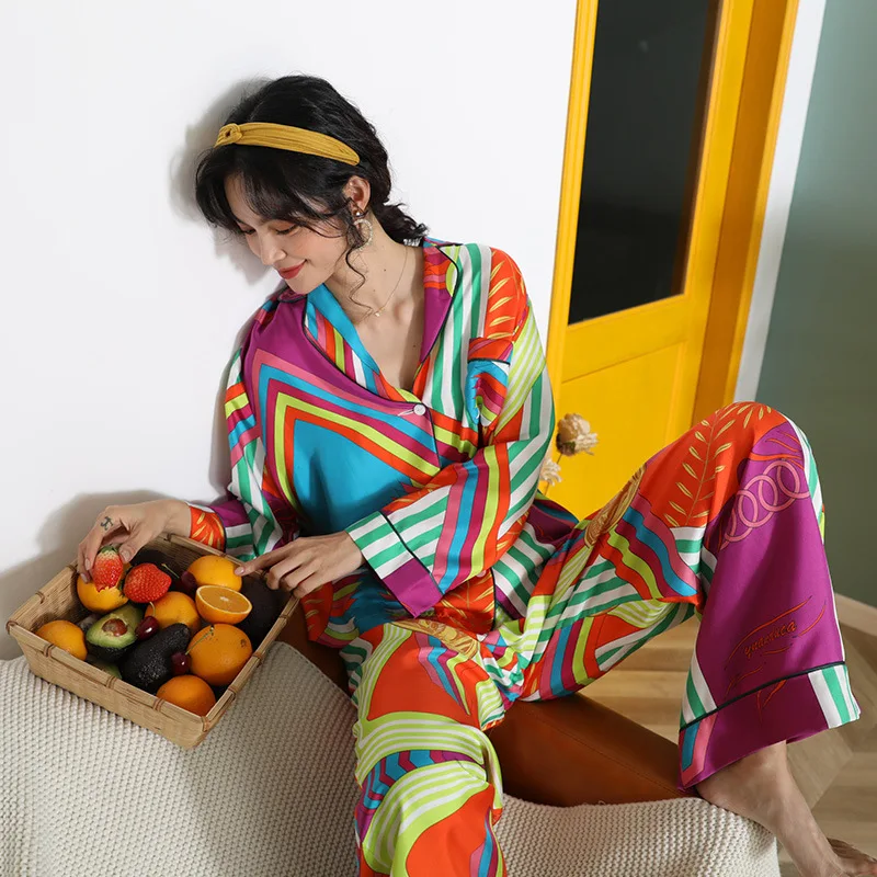 Fashion Silk Pajamas Set Fat MM Long Sleeve Spring and Summer Thin Ice Silk Loose pajama set women