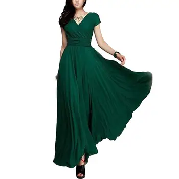 

2020 New Trendy Bohemian Women Solid Color Short Sleeve V Neck Tight Waist Maxi Evening Party Wedding Party Dress Christmas Gift