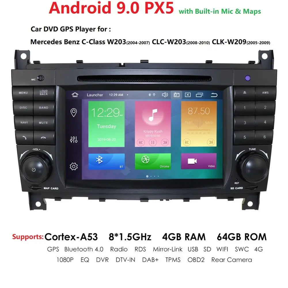 

DSP Android 9.0 4+64G 2 DIN Car DVD GPS For Mercedes/Benz W203 W209 W219 W169 A160 C180 C200 C230 C240 CLK200 CLK22 radio stereo
