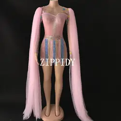 Модное розовое платье из сетчатого материала со стразами и кисточками; боди с длинным рукавом детям сцена танцевальная многоцветные