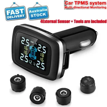 

Car TPMS Tire Pressure Monitoring System with 4 Waterproof Sensors Cigarette Lighter USB port Auto Security Alarm Systems
