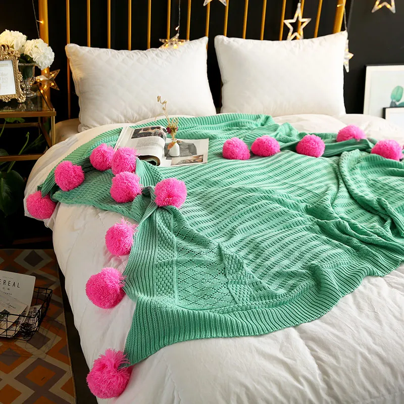 

Balls Blanket Knitted Pompons Bedspread Soft Cobertor Macaron Color Fresh Woven Throw Nordic Style Sofa Bedding Decorating