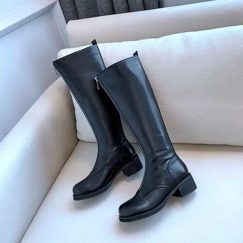 balck cow leather Krazing pot/мотоботы из натуральной замши с круглым носком на толстом каблуке средней высоты; Уличная обувь до колена; l9x - Цвет: balck cow leather