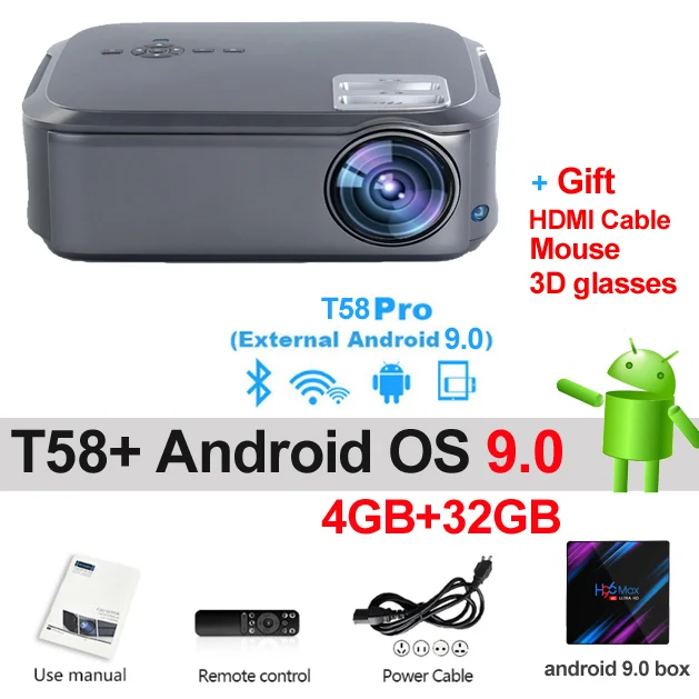 T58 OS 32G WZATCO T58 Android 9,0 проводной синхронизация Дисплей для Iphone Full HD светодиодный проектор 1920*1080p портативный видеопроектор для домашнего кинотеатра - Цвет: T58 OS 32G