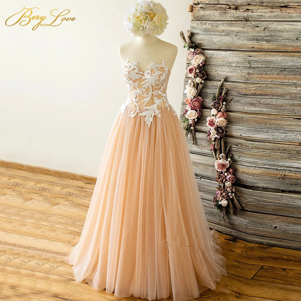 

BeryLove Lovely Champagne Prom Dress 2020 Colorful Tulle Long Girl Party Dress White Embroidery Appliques Vestido New