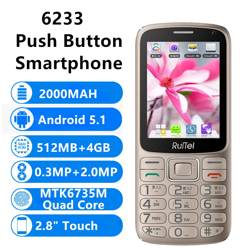 6233 Elderly SmartPhone 512MB RAM 4GB ROM 2.8" Push Button MTK6735M Quad Core Android 5.1 2.0MP BigHorn GPS Cheap Mobile Phone best android cell phone for the money