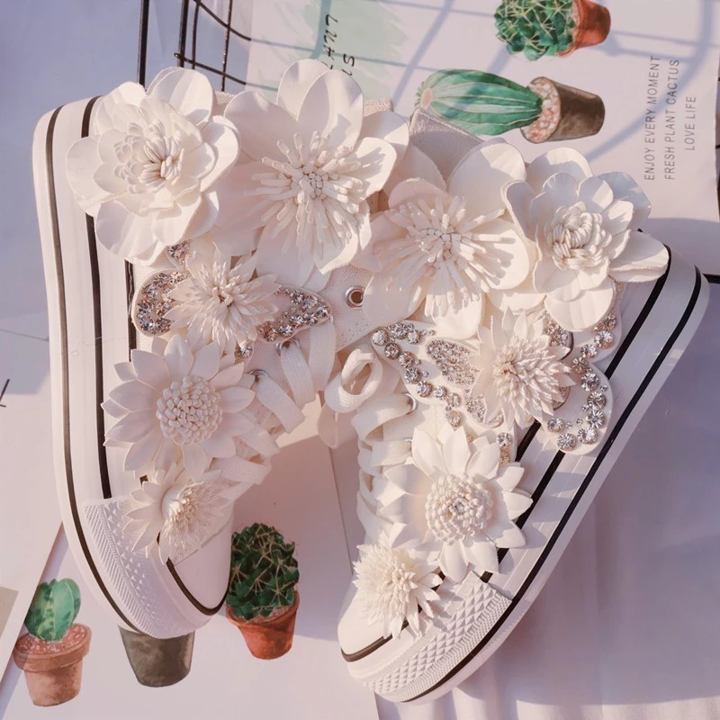 Original Butterfly Flower High-top Canvas Shoes Sweet Lace-up Women's Shoes White Inner Height-increasing Vulcanized Shoes