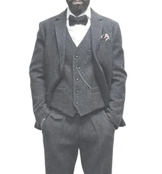 3Pc Jacket Pants Vest Man’s Grey Blazer Trousers Herringbone Vintage Vest Suits Sets Custom Made Prom Dresses Groom Wedding Wear