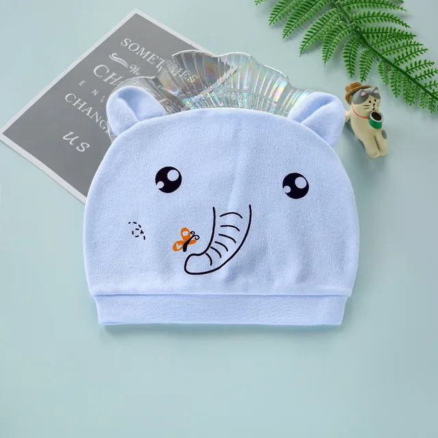 Four Seasons Kids Newborn Baby Hats 100% Cotton Cap 40 Color Cartoon Cute Printed Hat Suitable for 0-12 Months Baby Accessories Elephant blue