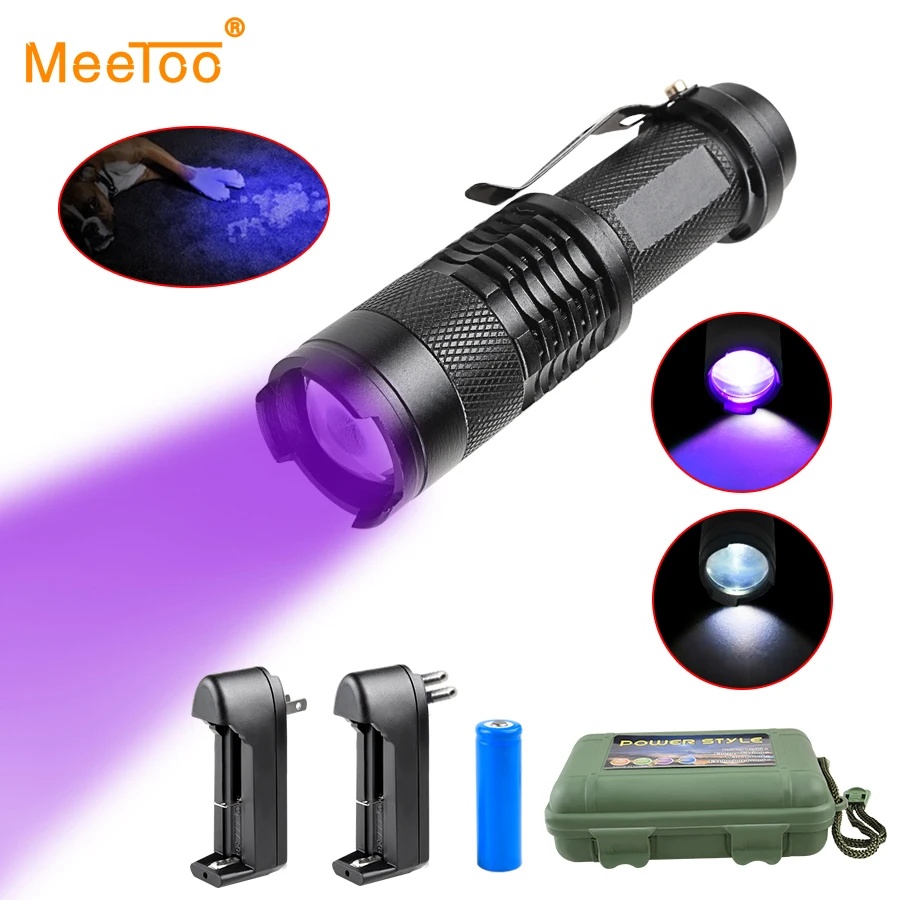 

LED UV Flashlight Rechargeable UV Light Zoomable Ultra Violet Torch Flash Light Pet Urine Stains Detector by AA/14500 Battery