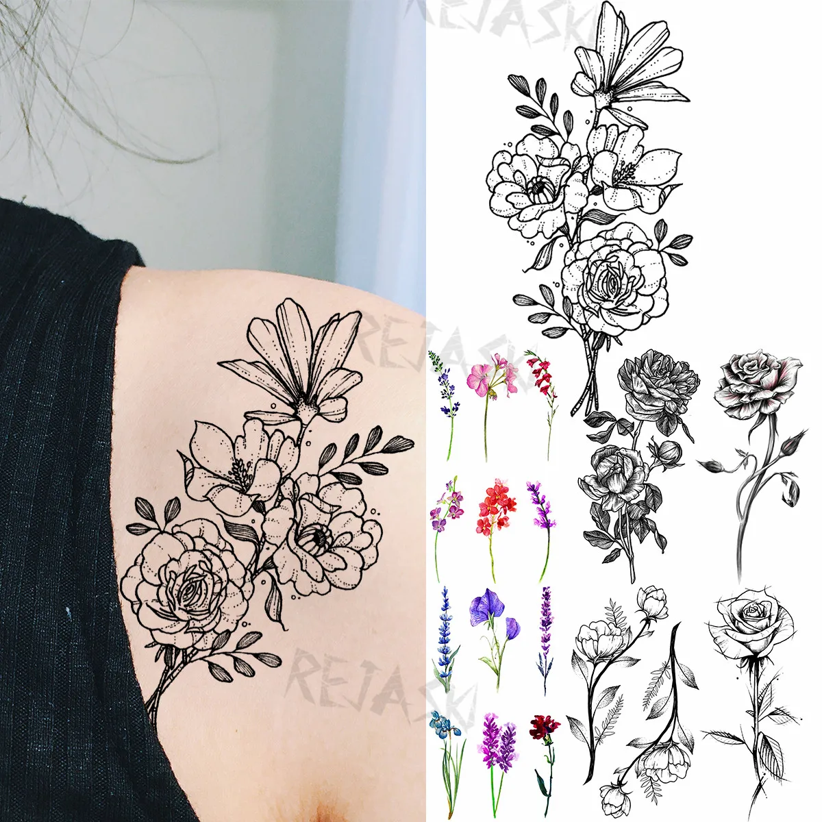 

Black Peony Daffodil Temporary Tattoos For Women Girl Lavender Rose Fake Tattoo Sticker Waterproof Body Art Painting Tatoo Decal