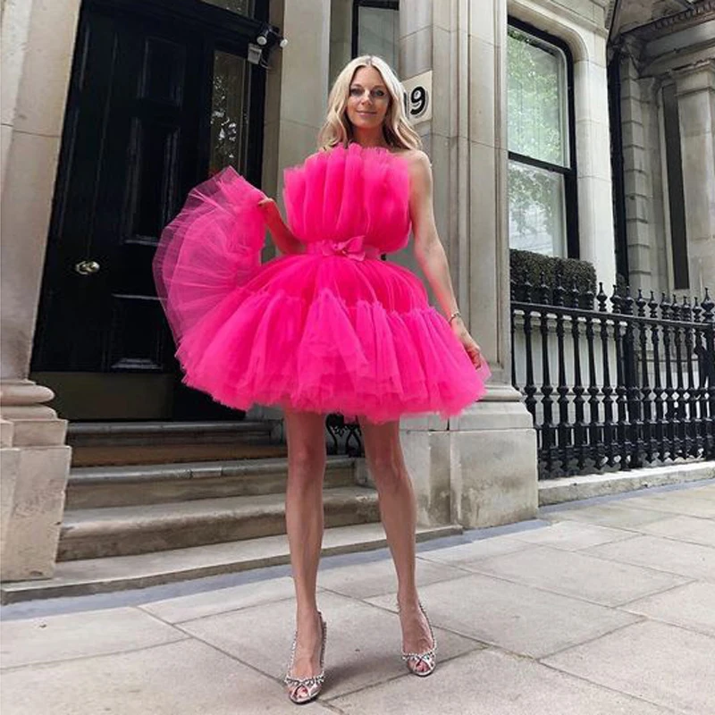 

Hot Pink Short Prom Formal Dress Girls Robe de soiree Above Knee Strapless Puffy Tulle Cocktail Gowns with Sashes Custom Made