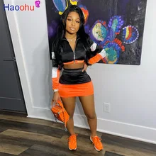 

HAOOHU Sexy Satin Two Piece Set Women Tracksuit Summer Clothes Crop Top Bodycon Mini Skirt Matching Sets Lounge Wear Outfits