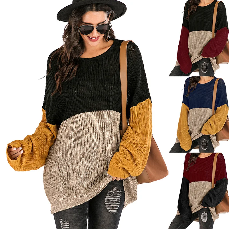 Large Size Thin Sweater Woman Loose Spring Clothes For Ladies Color Block Knitted O Neck Long Pullover Jumper Oversized Knitwear
