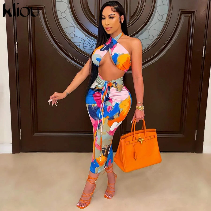 Kliou-Conjunto de Top y falda fruncida con cuello Halter para mujer, conjunto de dos piezas, Sexy, para fiesta, a juego