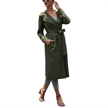 

2019 Autumn Winter Fashion Long-sleeved Trench Coat In The Long Section Of Solid Color Strap Belt Slim Jacket