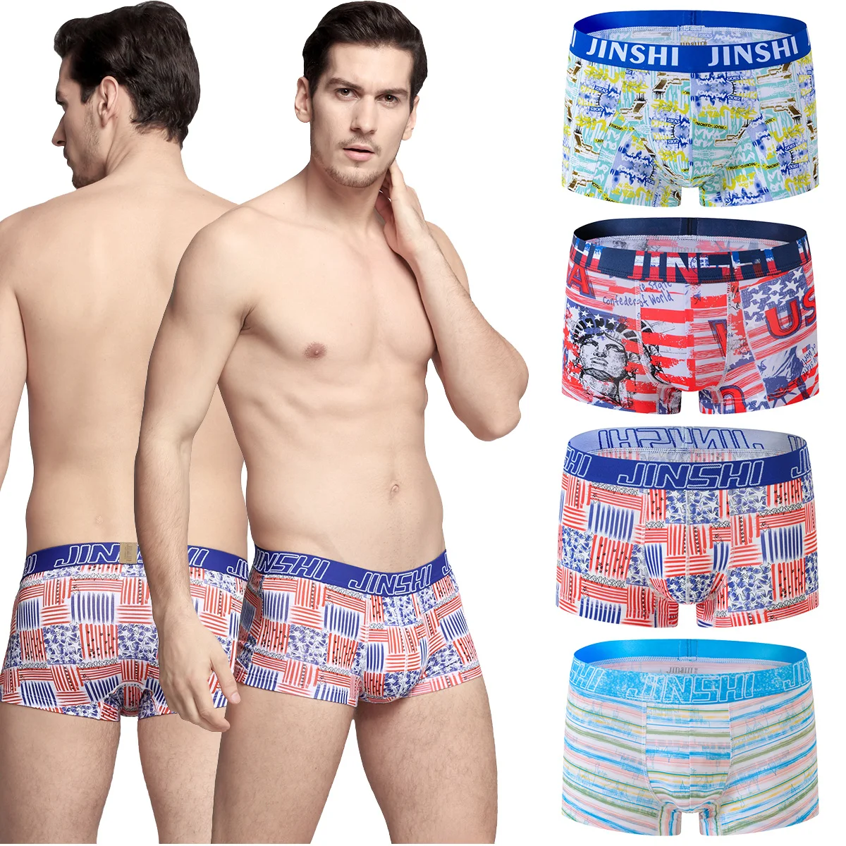 JINSHI Mens Boxer Briefs Short Print Flex Waistband Bamboo Breathable Men's Underwear Sexy Panties Asia Size M-3XL