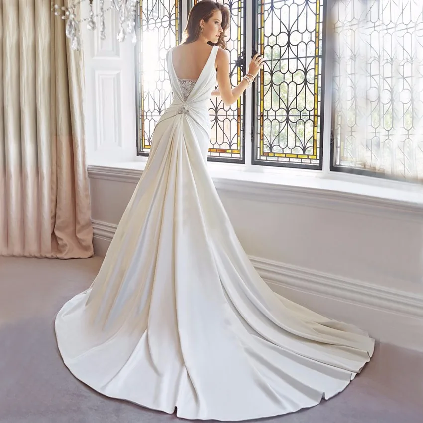 Великолепные плиссированные атласные свадебные платья русалки vestido de noiva спагетти с открытой спиной Свадебные платья со шлейфом