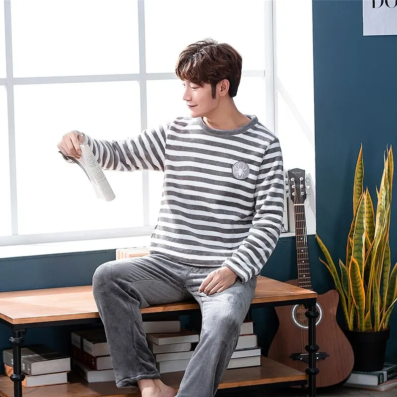 

Men's Pajamas Set Autumn Winter Leisure Elastic Waist Men Sleepwear Flannel Men Long Sleeve Nightwear Warm Boys Lounge Homewear