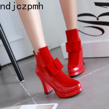 

Boots Women The New Fashion Round Head Autumn and Winter Bow Short Tube Square Heel High Heel 10cm Shoes Women Plus Size 33-48