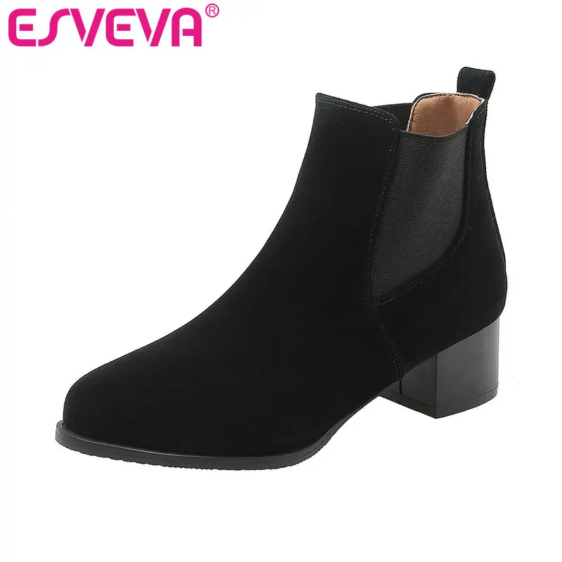 

ESVEVA 2020 Women Shoes Ankle Boots Round Toe Sexy Western Style Suede Slip On Med Heel Motorcycle Platform Boot Size 34-43