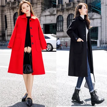 

Autumn Winter Womens Wool Coats 2019 New Korean version High Quality Jackets Slim Cardigan Woolen Women Jacket Coat Black/Red