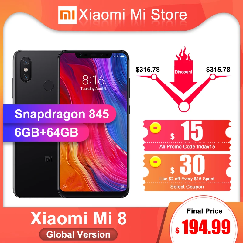 Глобальная версия Xiao mi 8 6 ГБ 64 Гб ПЗУ Snapdragon 845 Octa Core6.21 &quotAMOLED экран 20 МП фронтальная
