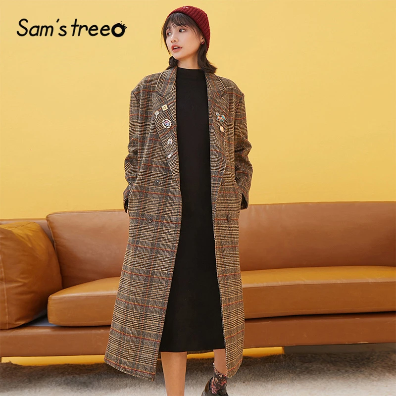 

Samstree Plaid Brit Graphics Oversized Casual Winter Coat Women 2019 Winter Brown Double Breasted Elegant Office Ladies Outwear