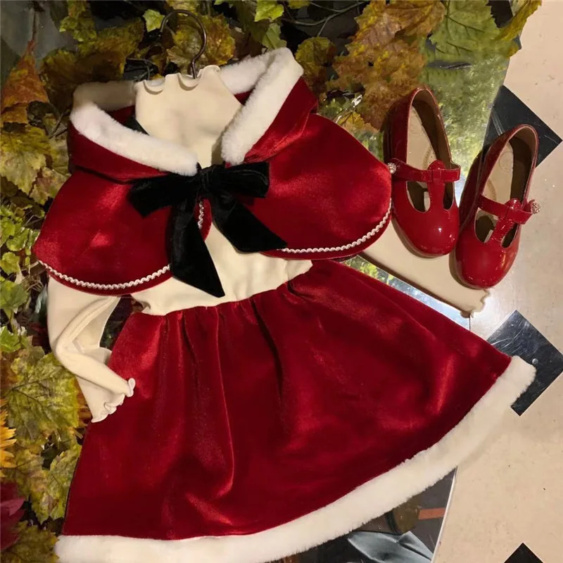 

Christmas Outfit Winter Princess Clothes Set Girls Baby Kids Children Set Dress+Cloak Suit Girls Toddler Birthday Red Dress Set