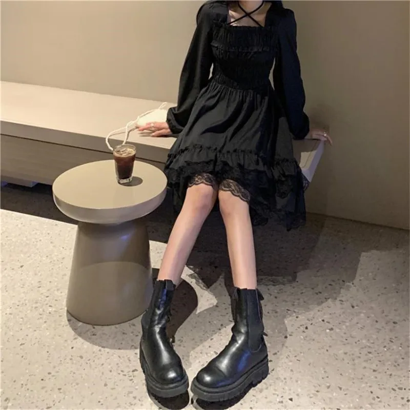 New Gothic Women Black Fairy Party Dress Cross Square Collar Lolita Princess Irregular Dress Cute Kawaii Lace Ruffles Chic Dress