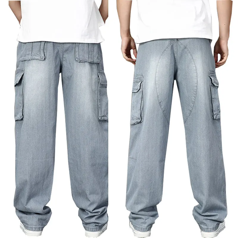 

Jeans For Men Denim trousers Men's Loose Hip-hop straight Multi-pocket jeans Gray Denim trousers Biker jeans Size 30-46