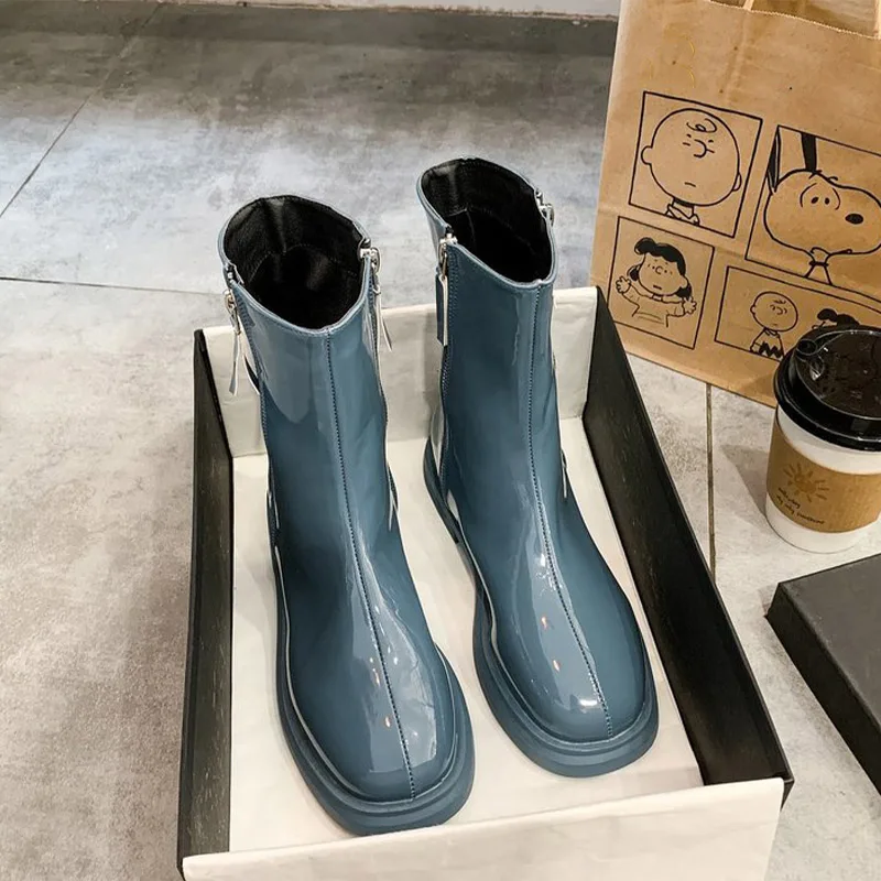 

Ladies Patent Leather Ankle Boots Women Zipper Sewing Platform Solid Cool Commute Comfortable Hot Fashion Style Female Footwear
