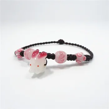 

Hand made Japanese style glass beads, cherry blossom red rope anklets rabbit pendant anklets to bring good fortune