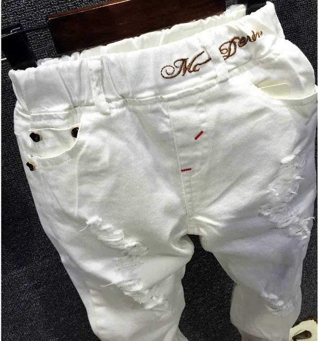 Детские рваные штаны, брюки джинсы для маленьких мальчиков брендовые Модные осенние белые детские брюки на возраст от 2 до 6 лет одежда для детей