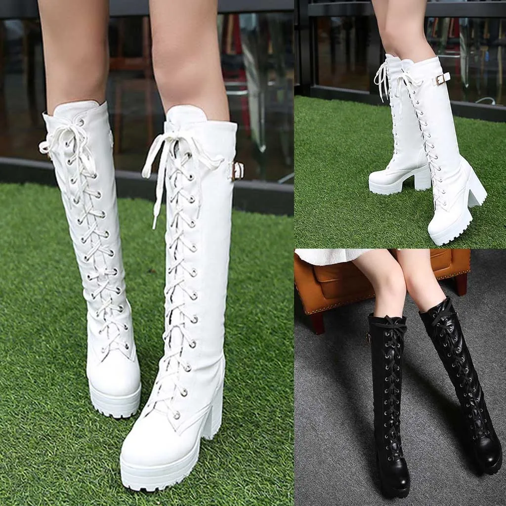 

Women Boots Fashion Sexy High Heel Lace Up PU Leather Thick Platform knee Square Heel Snow Boot Female Shoes Plus Size C850#