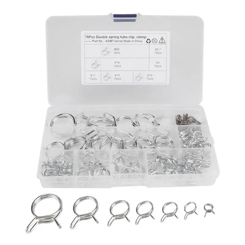 

75pcs/box Assorted Double Wire Spring Hose Clamps Fuel Line Hose Tube Clips
