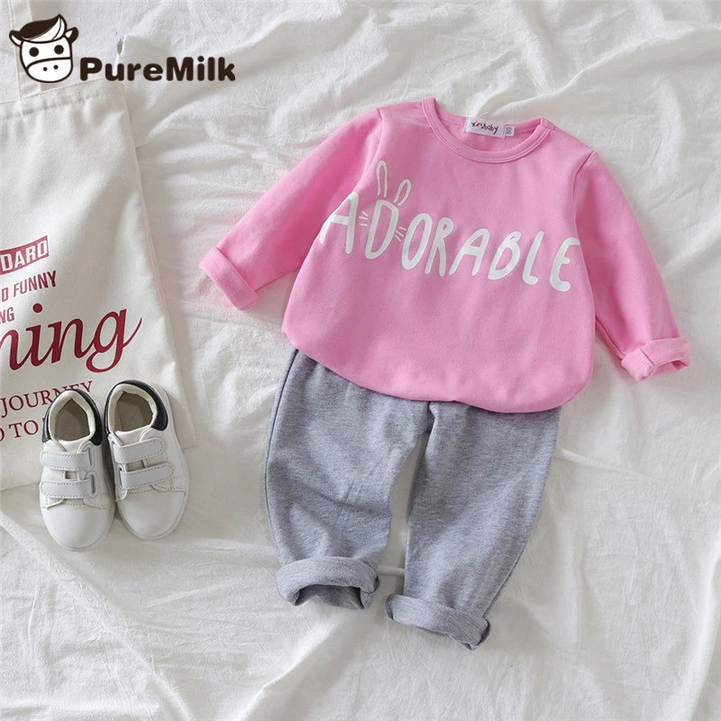

PureMilk Cotton Clothing Set NewBorn Baby Pink T shirt With Green Pants Casual Baby Clothes