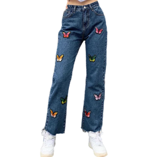 embroidered straight leg jeans