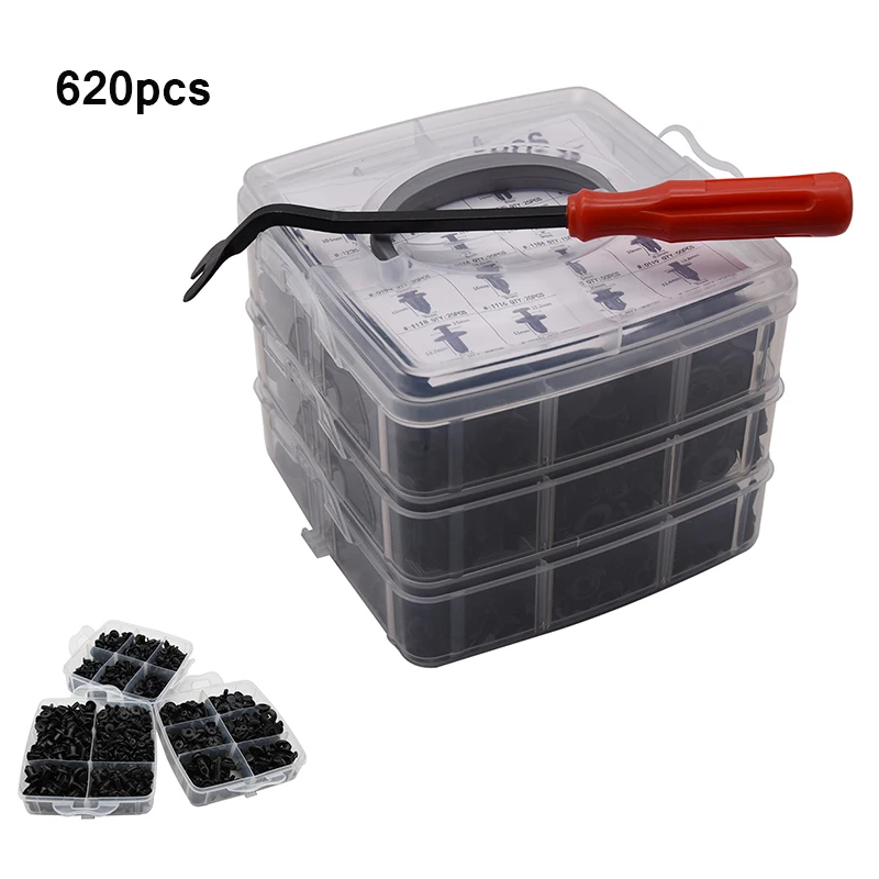 

620PCS Car Fasteners Fender with Hand Tool Fastener Clips Black Door Trim Panel Auto Bumper Rivet Retainer Push Engine Cover