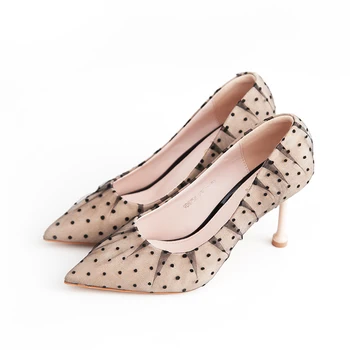 

Women Heel Shoes Sweet Mesh Women Pumps Slip-on Wave Point Pointed Toe High Heels Women Shoes Party Wedding Women Heel Shoes