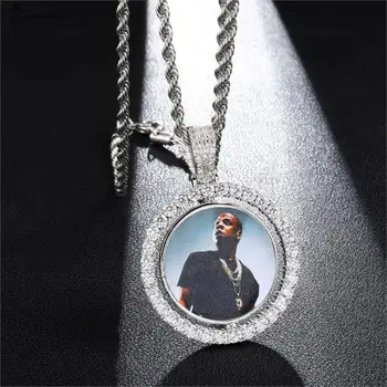 

Hip Hop Custom Made Rope Chain Photo Round Rotating Double-sided Iced Out Bling Cubic Zircon Necklace&Pendant For Men Jewelry